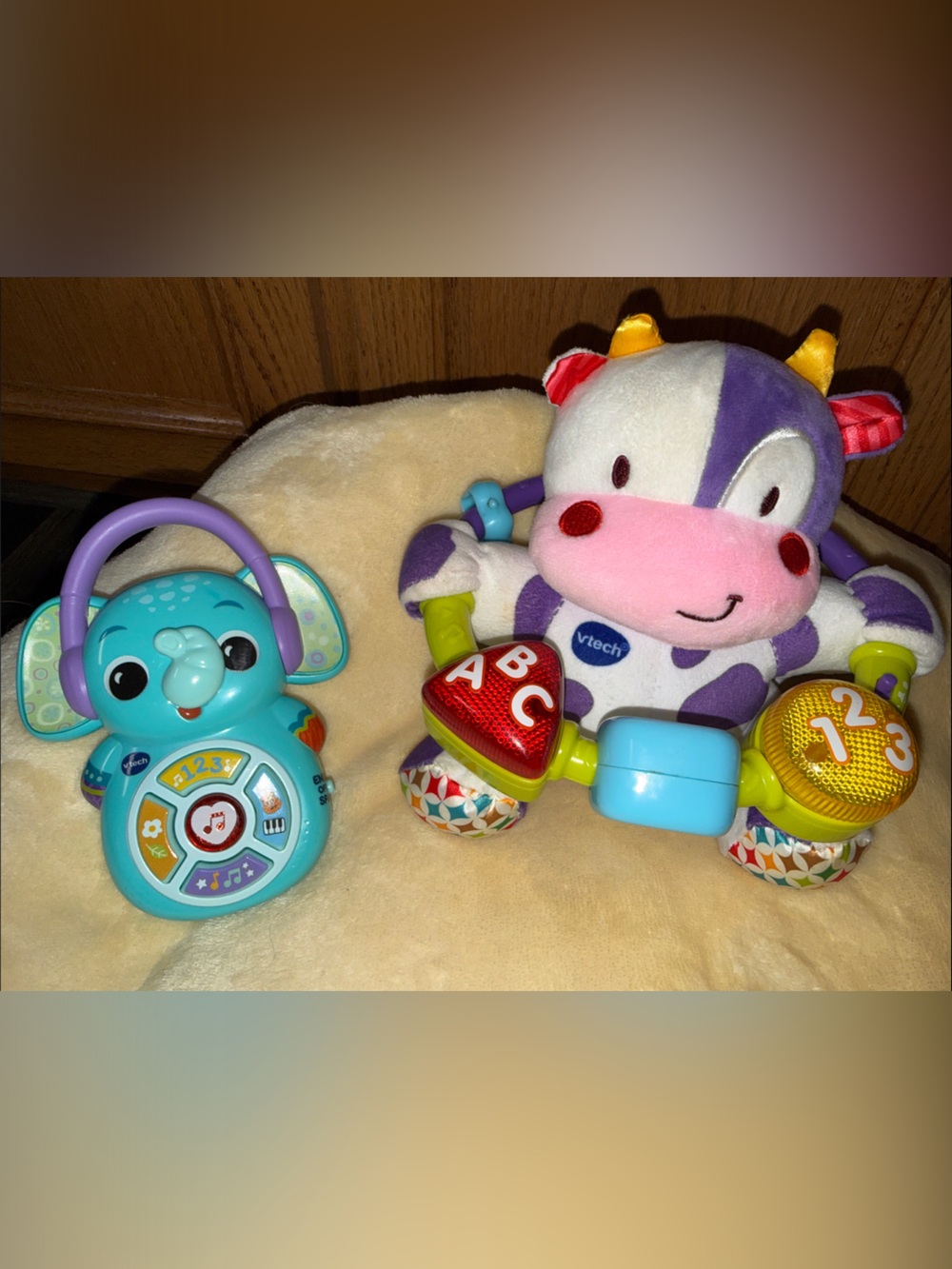 VTech Purple & White Plush Cow Rattle Toy with Learning ABC Buttons